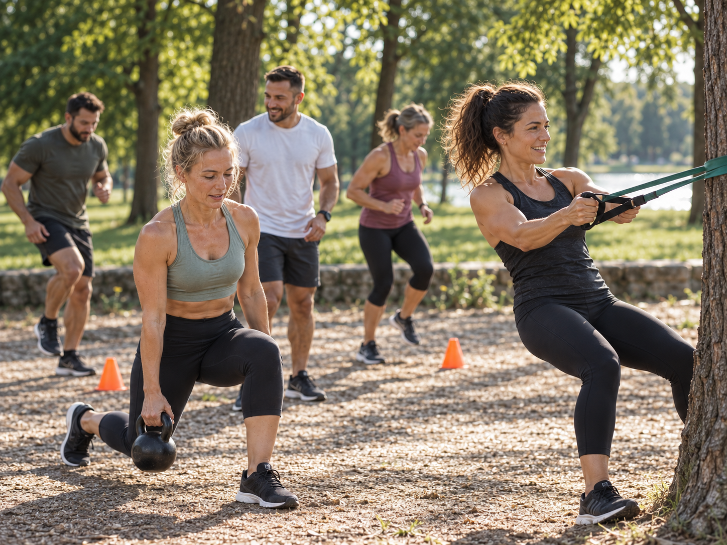 Gruppenkurs-Training von Enduwerk Athletik im Park: Kettlebell-Ausfallschritt und Widerstandsband